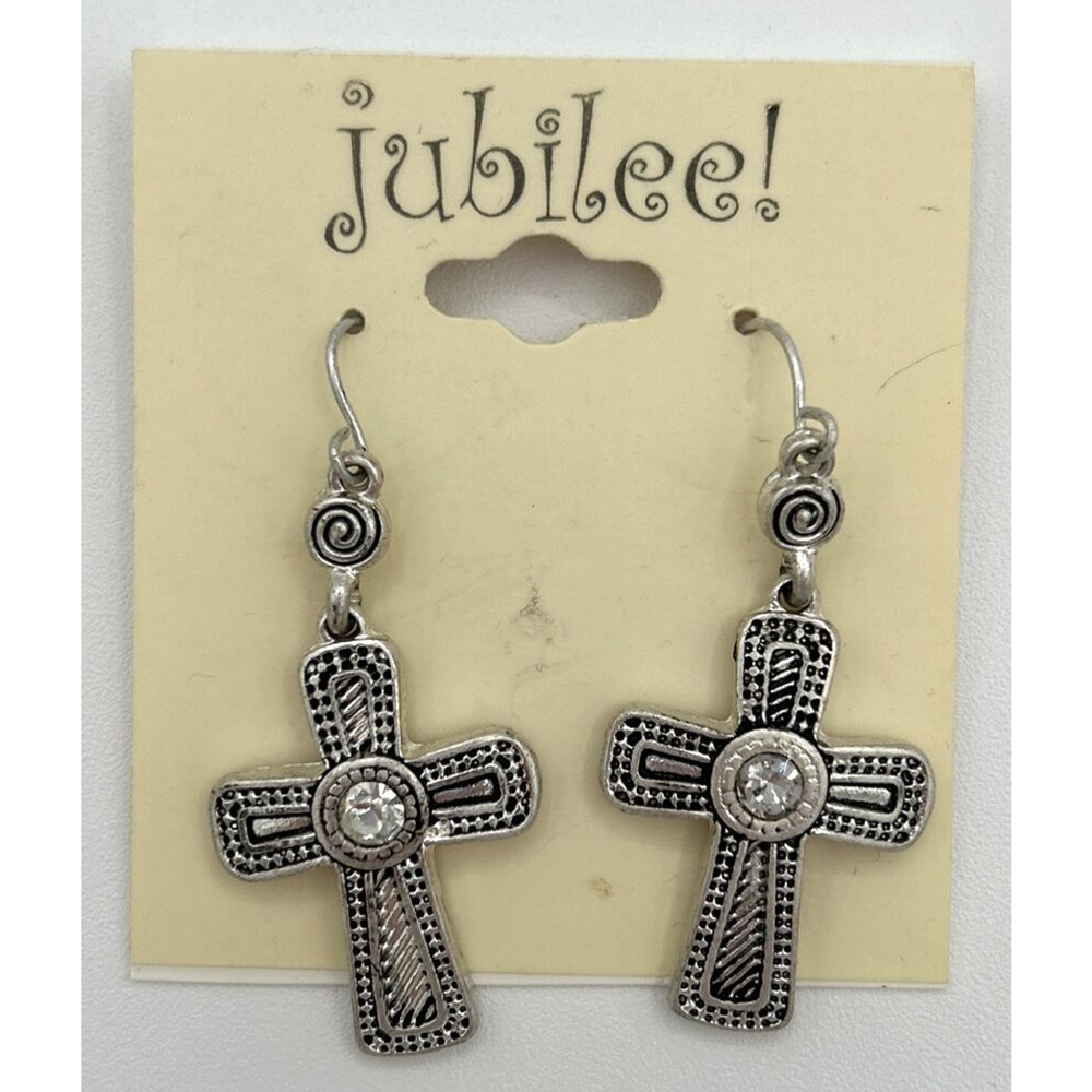 Jubilee! Silver Tone Rhinestone Cross Dangling Earrings SKU PB73